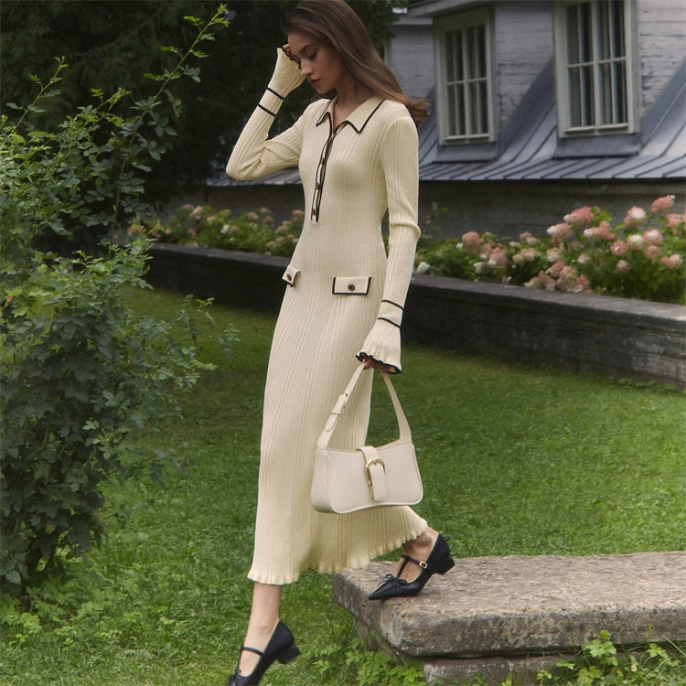 French light luxury ruffled knitted dress 2025 European and American new autumn and winter sweater dress lapel tight mid-length skirt-158