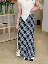 Retro literary blue light tulle texture plaid skirt women's fishtail skirt summer slim plaid temperament long skirt-158