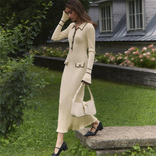French light luxury ruffled knitted dress 2025 European and American new autumn and winter sweater dress lapel tight mid-length skirt-158