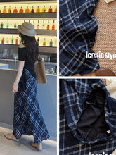 Retro literary blue light tulle texture plaid skirt women's fishtail skirt summer slim plaid temperament long skirt-158
